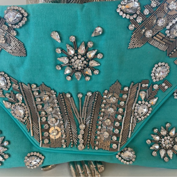 NWT Crystal Canvas Bohemian Clutch Crossbody Leather Woven Strap - Turquoise - Picture 4 of 7